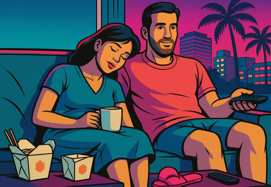 Woman falls asleep on the couch while her husband watched TV.
