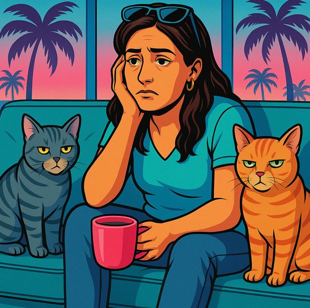 Woman sits with her grumpy cats.