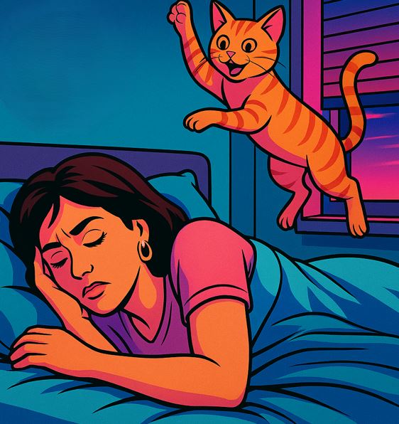 Cat jumping around early AM and waking up her owner.