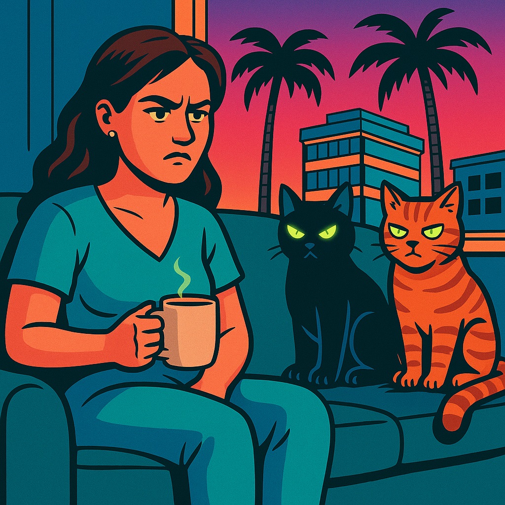Woman sitting with mean looking cats.