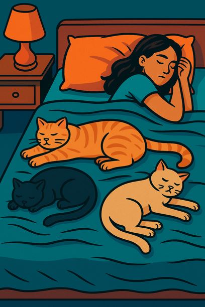 Cats crowd the bed while owner tries to sleep.