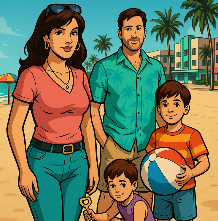 Family of four at South Beach, Miami.