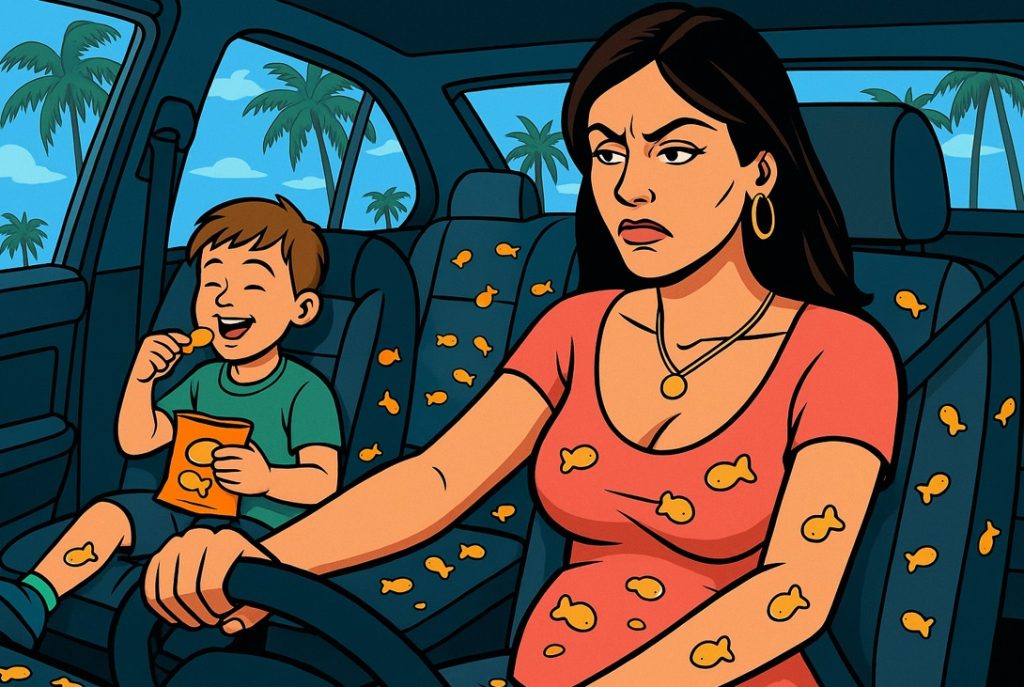 Car interior covered in goldfish crackers.