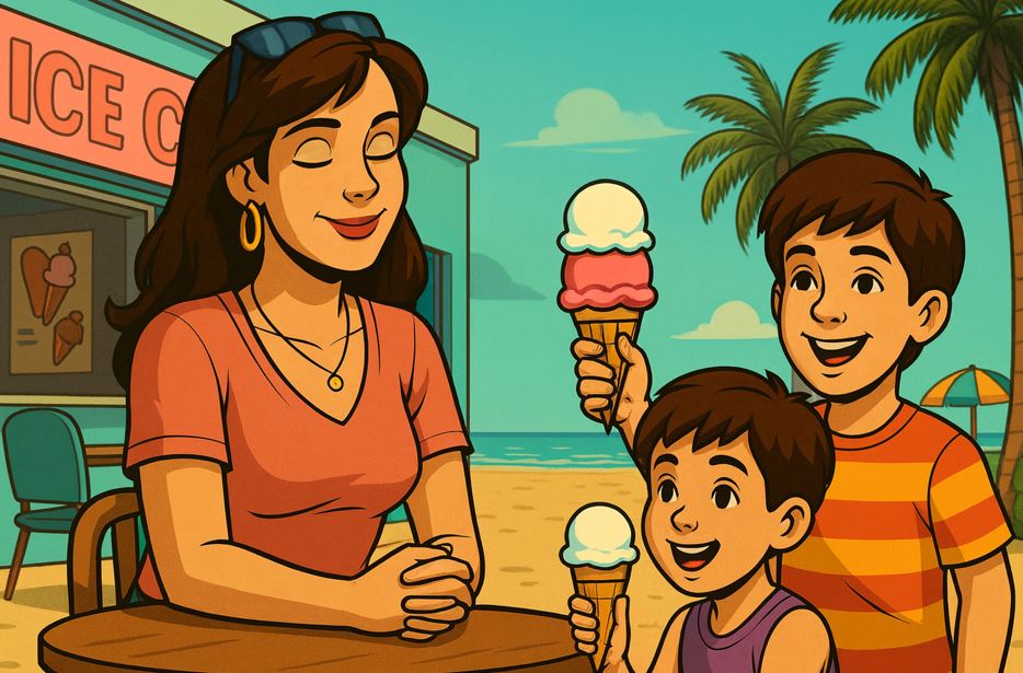 Woman bribes her kids with ice cream so she can enjoy some quiet.