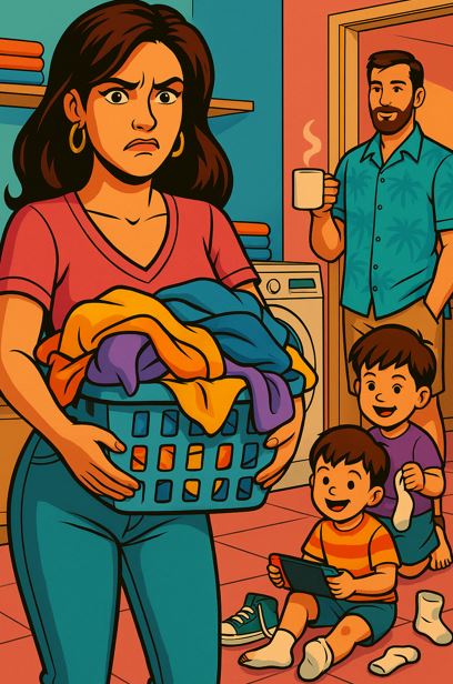Woman doing endless loads of laundry.