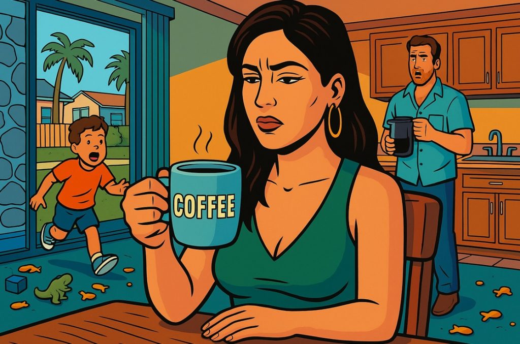 Woman drinks her morning coffee.