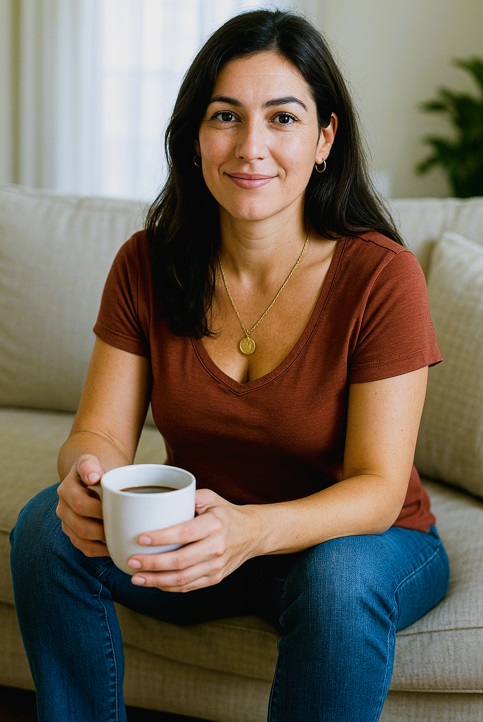 Natalie at home, sitting on her couch with coffee.