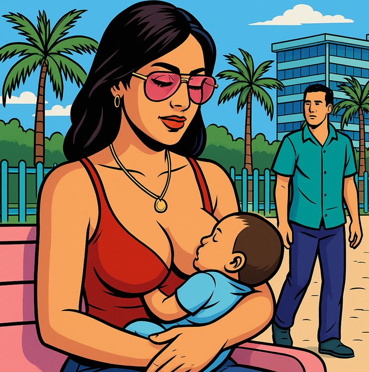 Woman breastfeeding in public.