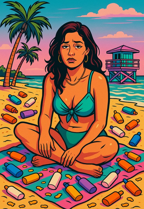 Woman sits on a beach towel, surrounded by empty bottles of sunscreen.