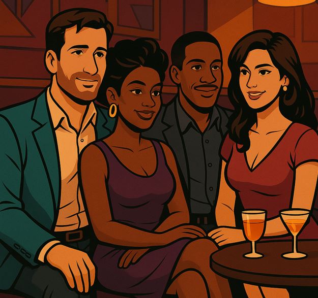 Husband and wife meet up with another couple.
