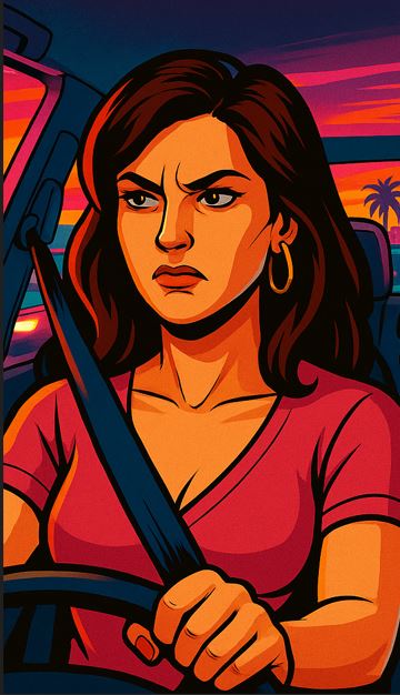 Woman mad, stuck in Miami traffic.