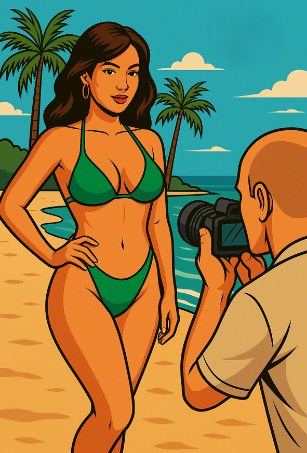 Cartoon drawing of boudoir photoshoot on the beach.
